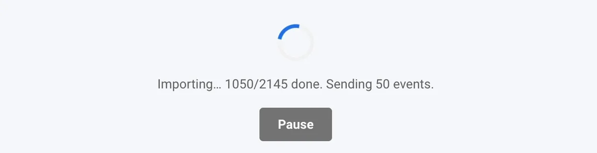 Importing, 1050 of 2145 done, sending 50 events