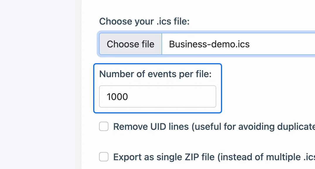 iCal Splitter with Business-demo.ics chosen, 1000 events per file, and Split Calendar