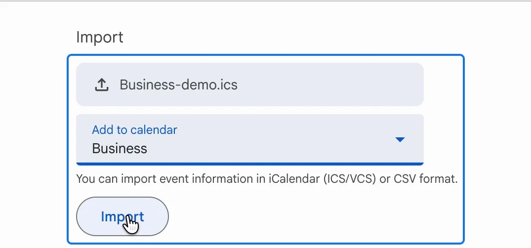 Import & export with Business-demo.ics, a file of 2,145 events, about to go into the Business calendar