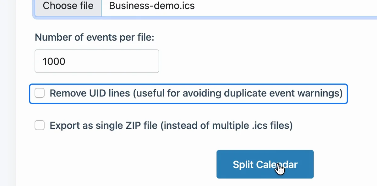 The checkbox Remove UID lines in iCal Splitter