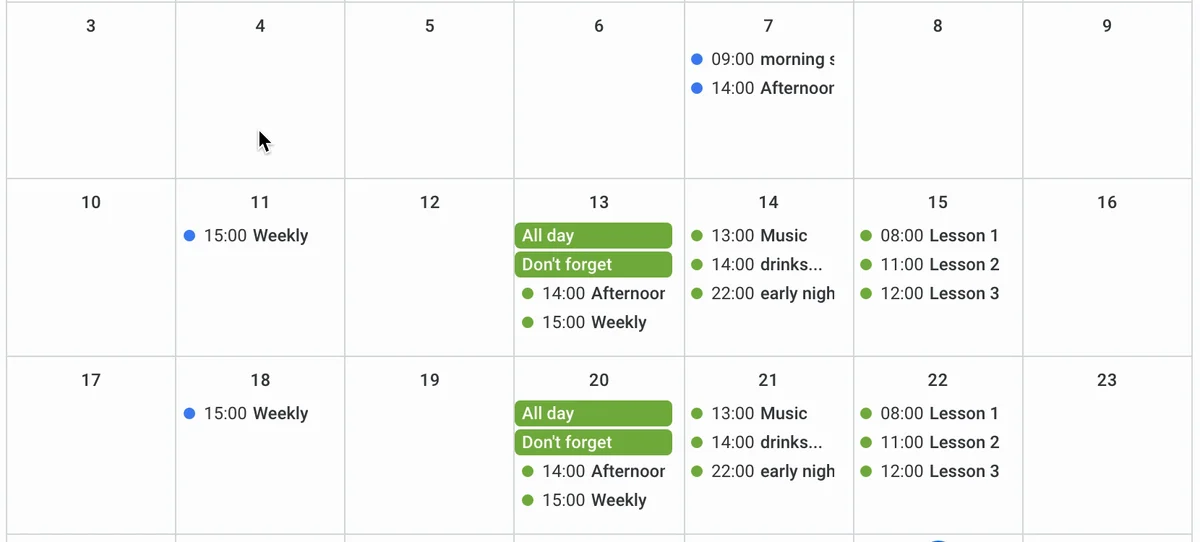 The moved events on 20, 21 and 22 May, with 4 to 6 May now empty