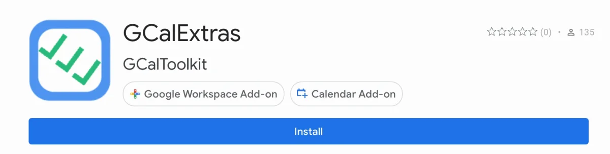 GCalExtras in the Google Workspace Marketplace, with the Install button