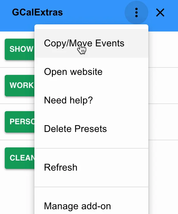 The GCalExtras menu with Copy/Move Events at the top