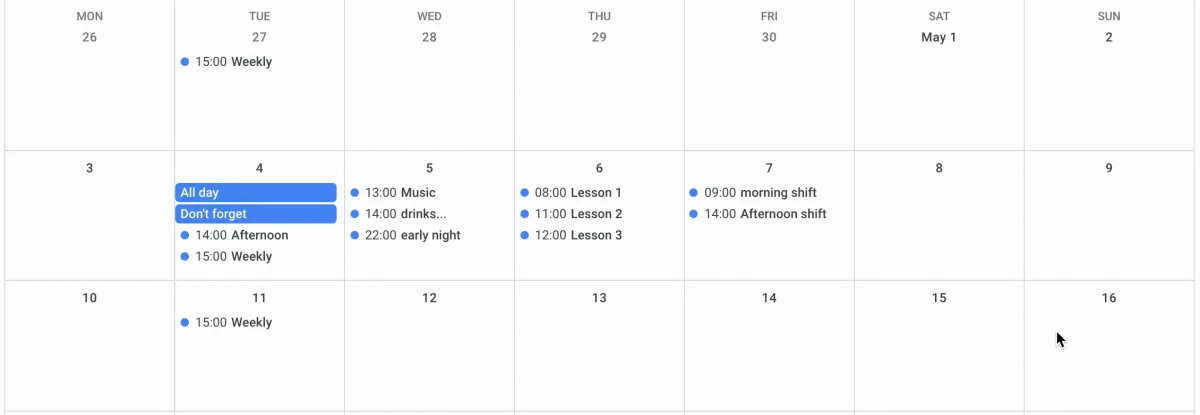 Private's events on 4, 5 and 6 May, with the target weeks still empty