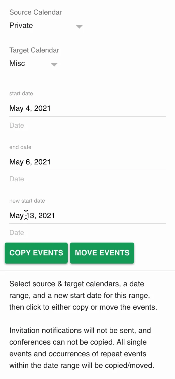 Copy/Move Events with Private, Misc, 4 May to 6 May and a new start date of 13 May