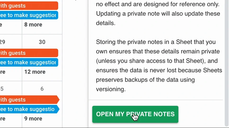 The help text ending with the Open My Private Notes button