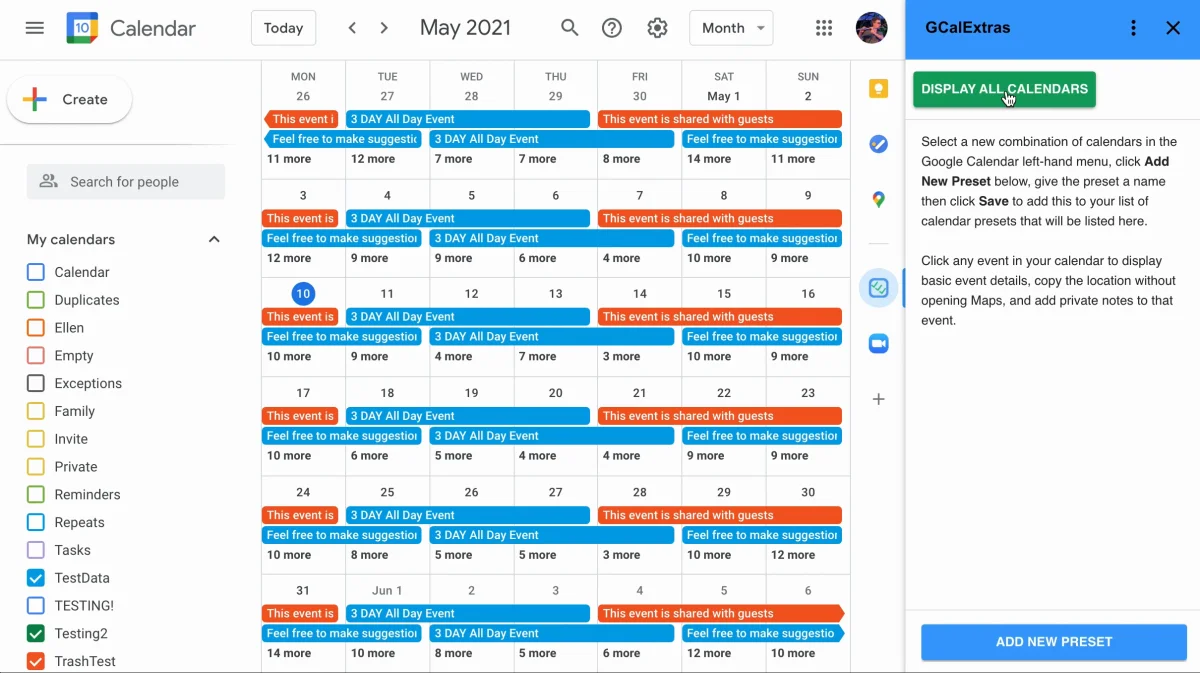 The GCalExtras side panel next to the calendar