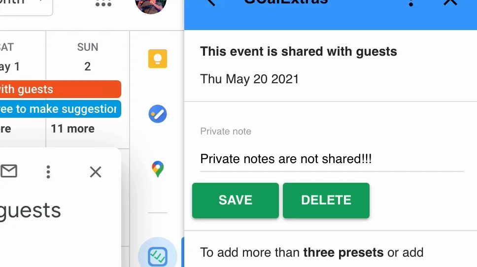 An event's private note in the GCalExtras panel, with Save and Delete