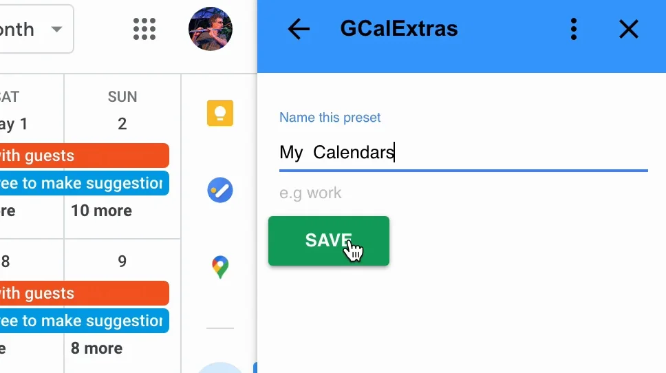 Naming the preset My Calendars, with the Save button