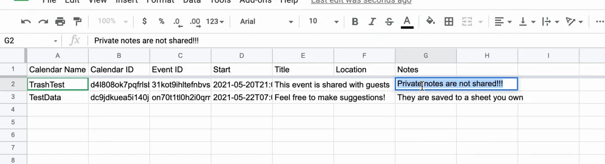 The GCalExtras Sheet with each note beside its event