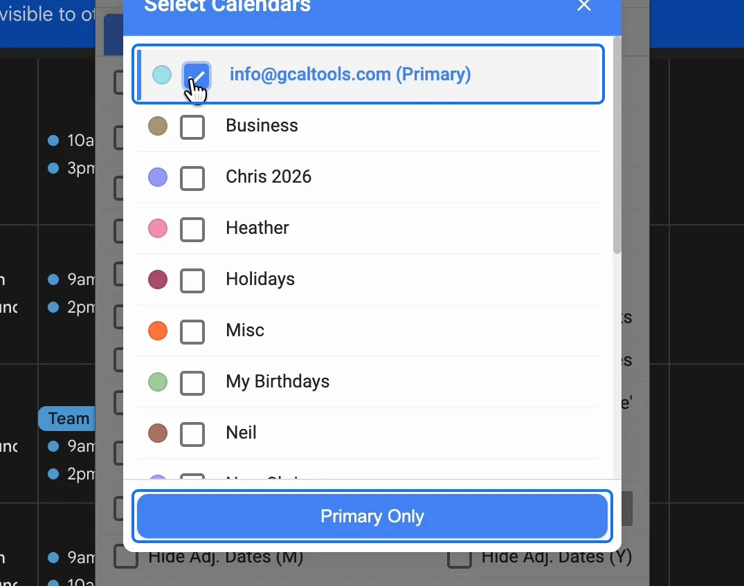 Select Calendars with the primary calendar ticked, and the Primary Only button