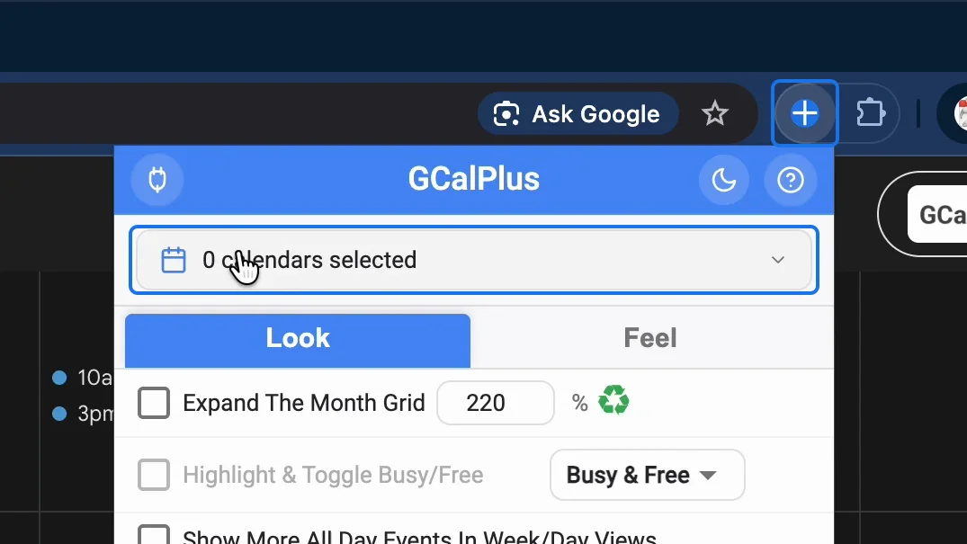 The GCalPlus panel over Google Calendar, with its icon in Chrome's toolbar