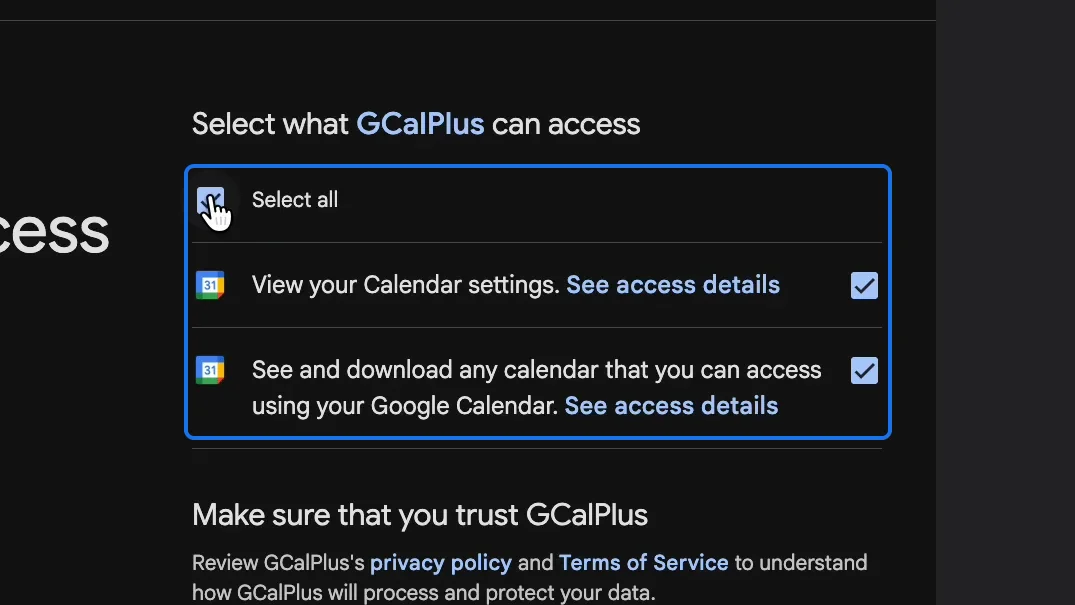Google's GCalPlus wants access to your Google Account, with View your Calendar settings and See and download any calendar