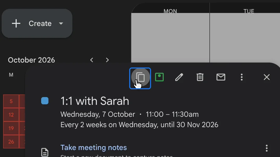 The copy button in an event's popup