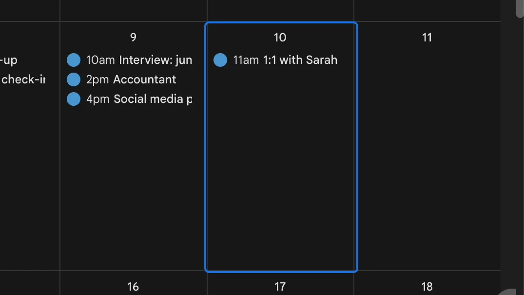 1:1 with Sarah copied to Saturday the 10th