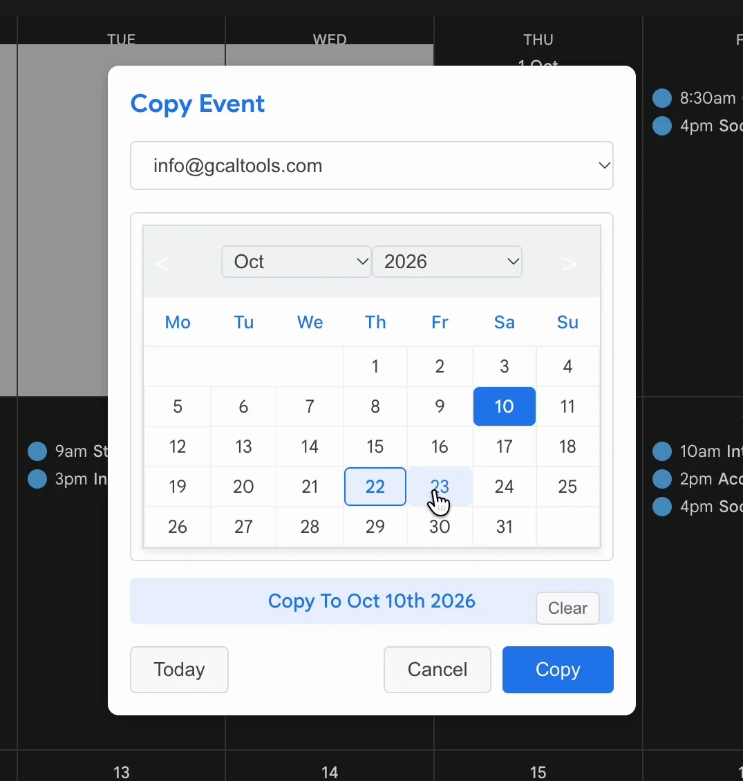 Copy Event with the 10th picked: Copy To Oct 10th 2026