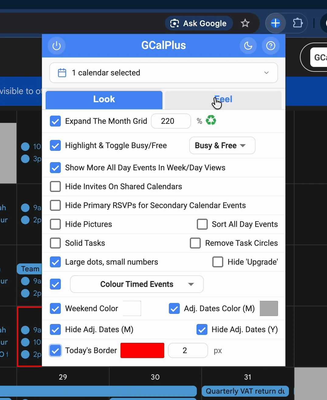 The Look tab with its options ticked