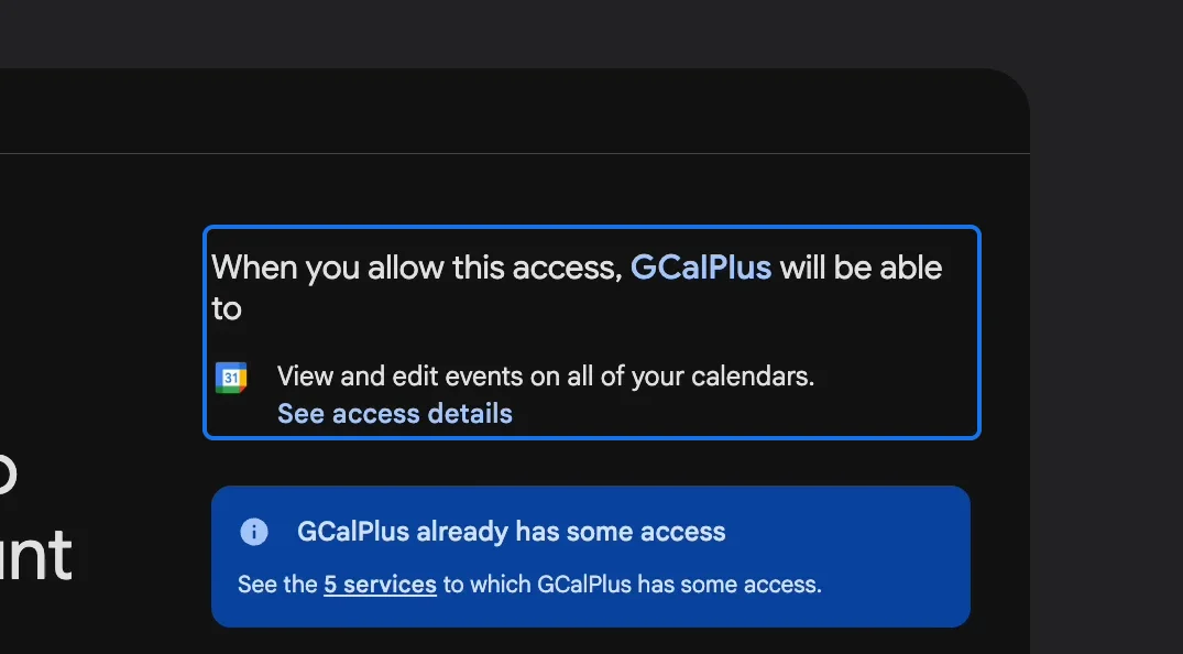 Google's GCalPlus wants additional access, to view and edit events on all your calendars