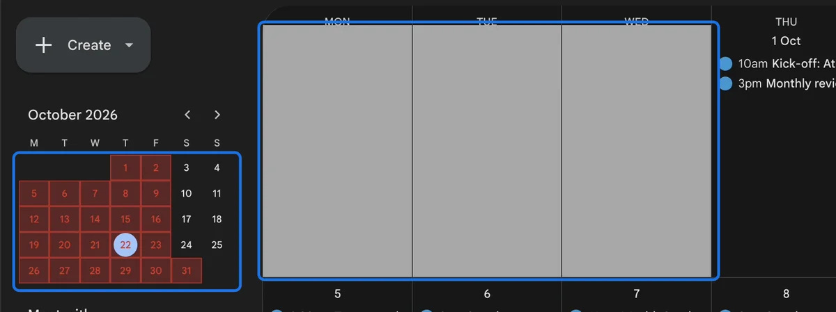 Busy days in red in the small calendar, and September's dates greyed out