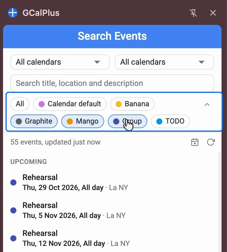 The Search Events panel with Graphite, Mango and Group selected: 55 events