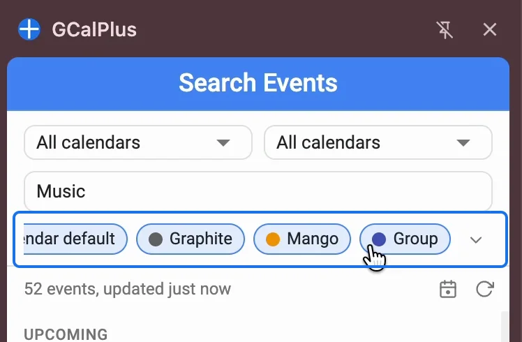 The selected colours, Calendar default, Graphite, Mango and Group, folded onto one row that scrolls sideways