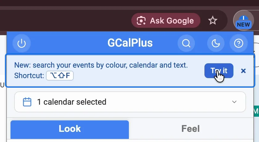 The GCalPlus popup with its NEW badge and the banner: New: search your events by colour, calendar and text, with Try it