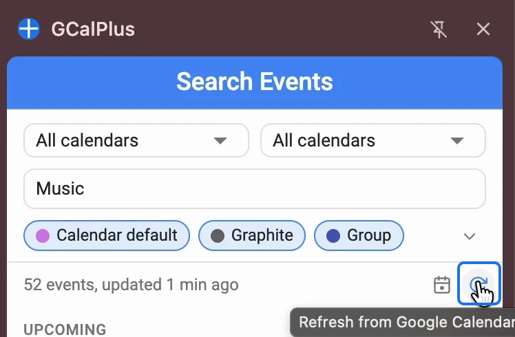 Refresh, with its tooltip Refresh from Google Calendar