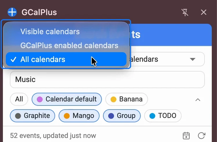 The first list: Visible calendars, GCalPlus enabled calendars and All calendars