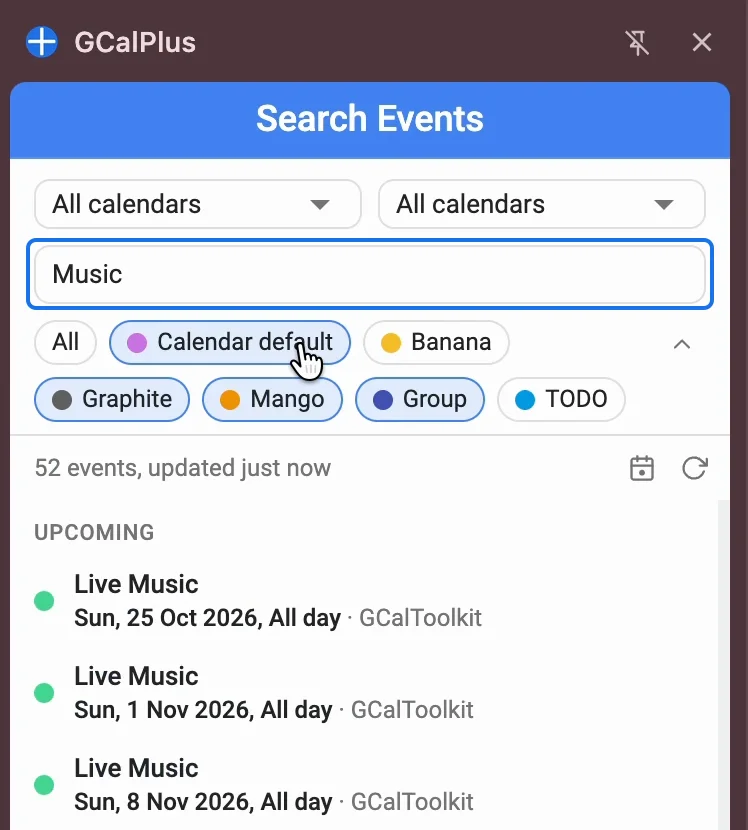 Music typed in the search box, with four colours selected: 52 events