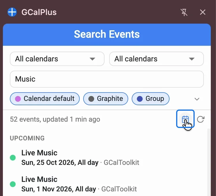 Back at Upcoming, with the calendar button beside Refresh
