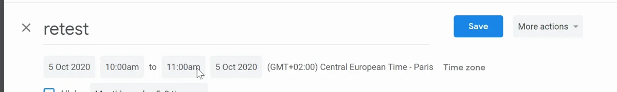The event's edit window now showing 10:00am to 11:00am, Central European Time - Paris
