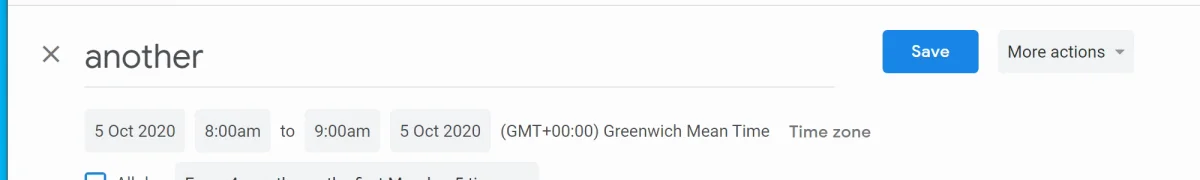 An event's edit window showing 8:00am to 9:00am, Greenwich Mean Time
