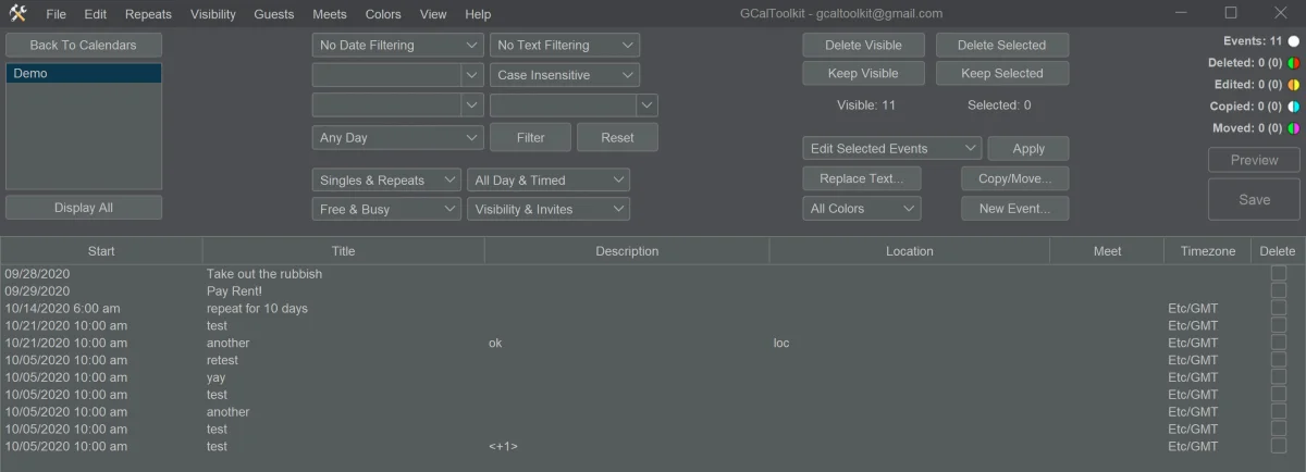 GCalToolkit listing the Demo calendar's events, with Etc/GMT in the Timezone column