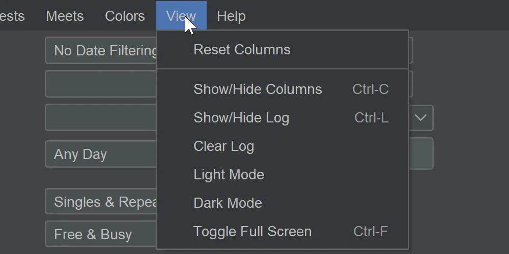 GCalToolkit's View menu with Show/Hide Columns, Ctrl-C