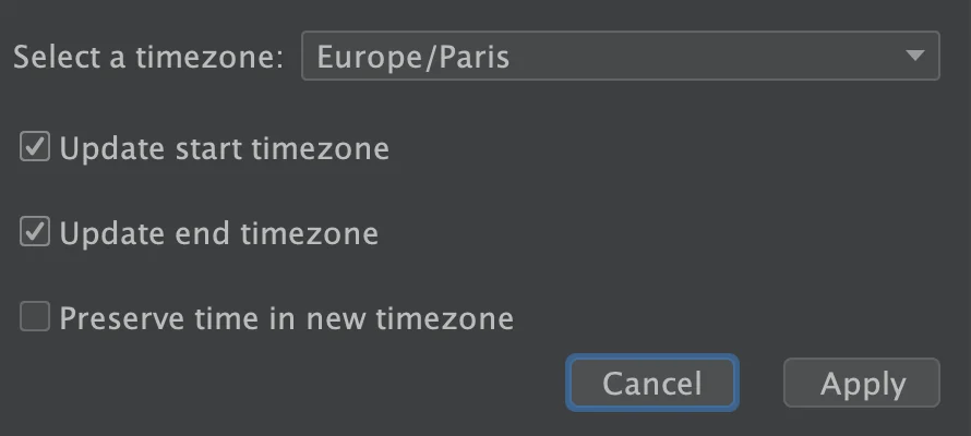 The time zone window with Europe/Paris selected, Update start timezone and Update end timezone ticked, and Preserve time in new timezone