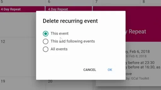 The "Delete recurring event" window with "This event" selected
