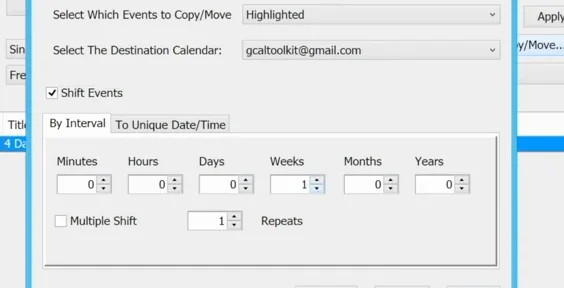 The Copy/Move window: Shift Events ticked, Weeks set to 1
