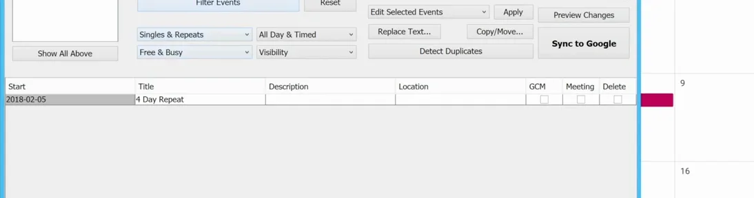 GCalToolkit listing the calendar's one event, the 4 Day Repeat series