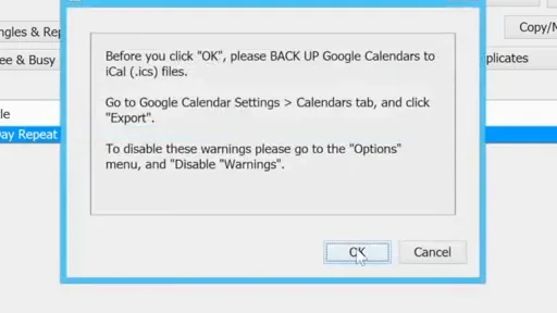 GCalToolkit's reminder to back up Google Calendars before clicking OK