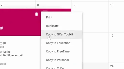 The event's menu with "Copy to GCal Toolkit"