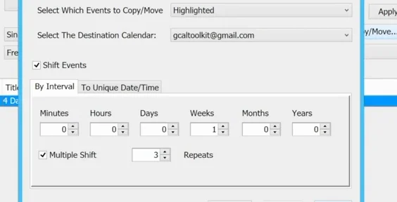 The Copy/Move window with Multiple Shift ticked and 3 repeats