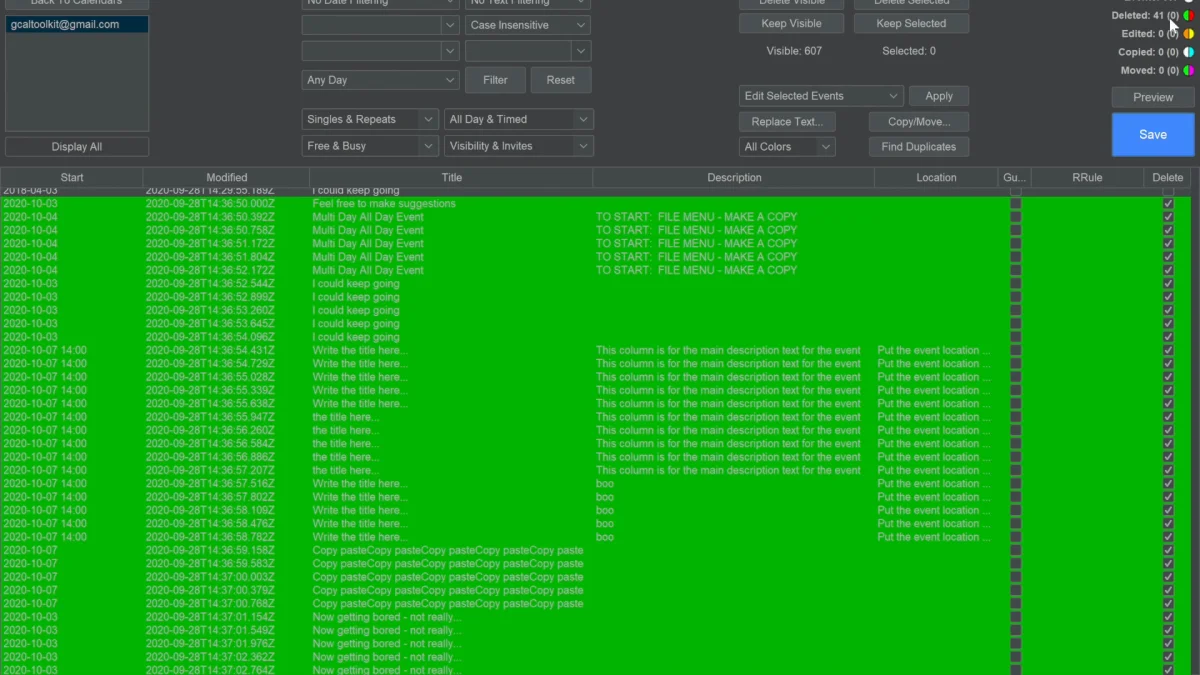 The deleted duplicates in green, with the Deleted count at the top right