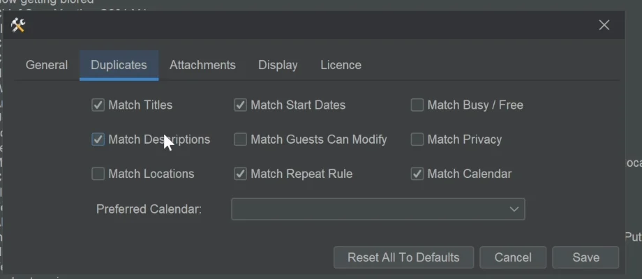 The Options window's Duplicates tab: Match Titles, Match Start Dates, Match Descriptions, Match Calendar and the Preferred Calendar