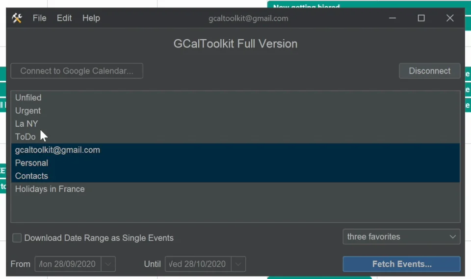 GCalToolkit Full Version, with the account's calendars listed