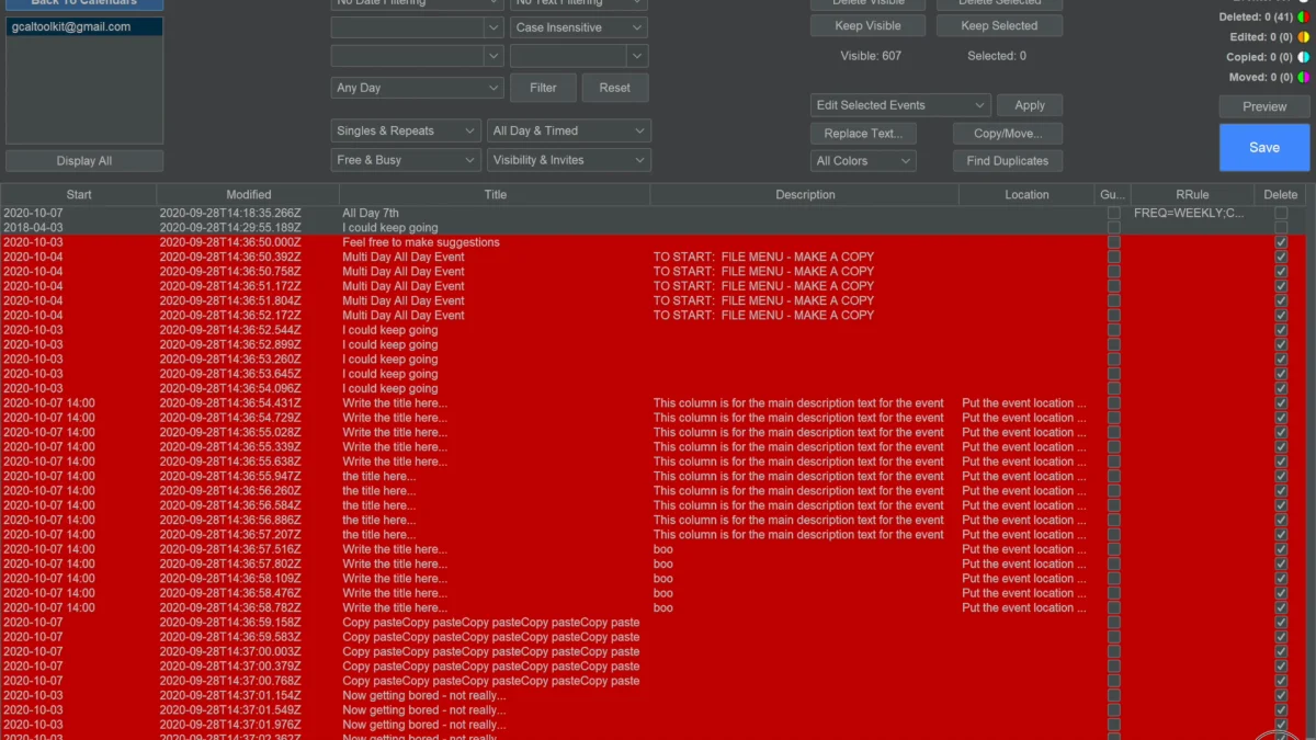 The duplicates marked in red at the bottom of GCalToolkit's list, each ticked in the Delete column