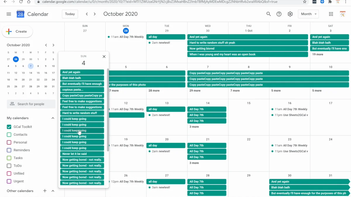 Google Calendar with one day's events opened, the same events repeated many times