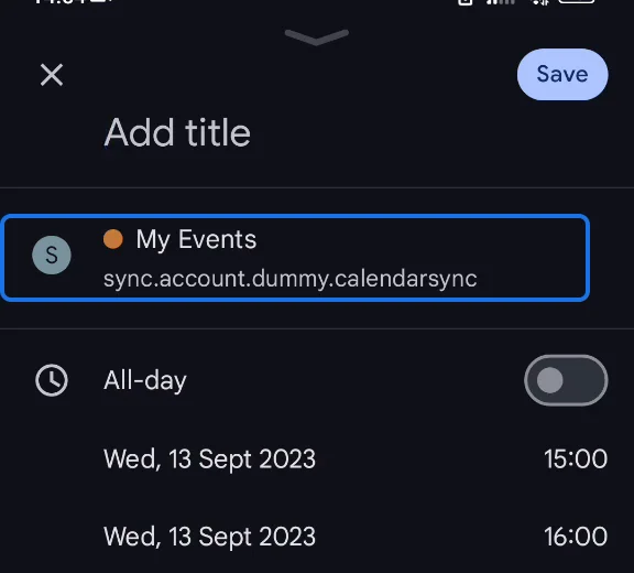 A new event set to save to My Events, under sync.account.dummy.calendarsync