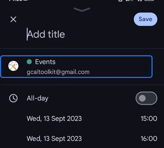 The new event now set to save to Events, under gcaltoolkit@gmail.com
