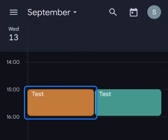 Two Test events: in orange on the local calendar, which won't sync, and in green on the Google calendar