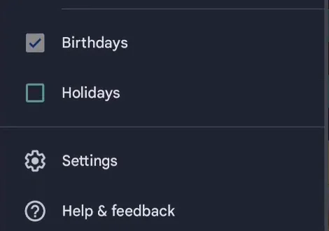 The Google Calendar app's menu with Settings near the bottom